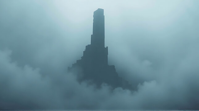A tall, dark, monolithic structure rises from a sea of thick fog, its peak barely visible through the dense mist. - Powered by Adobe