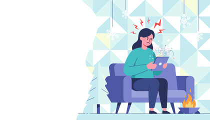 Angry woman struggling with technical problems on a tablet in a cozy winter setting Digital frustration
