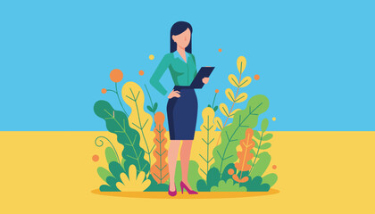 Confident businesswoman with clipboard surrounded by vibrant nature symbolizing business growth and environment