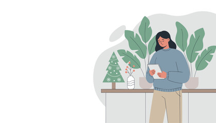 Sad woman uses tablet during holidays feeling lonely or depressed Mental health winter isolation