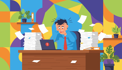 Stressed employee overwhelmed by excessive paperwork and office deadlines Burnout concept