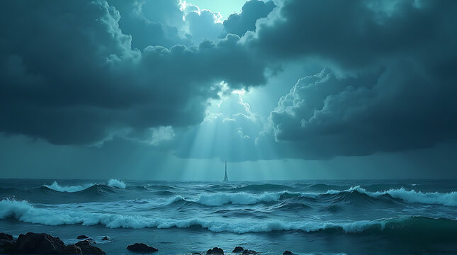 Dramatic seascape featuring a sailboat on choppy water, illuminated by sunbeams breaking through dark, ominous clouds.