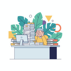 Stressed senior man overwhelmed by a massive pile of paperwork and office workload