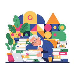 Overworked senior man asleep on massive paperwork pile symbolizing burnout and exhaustion