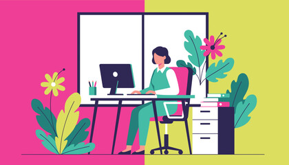 Professional woman working on computer at a vibrant desk Remote office and digital business illustration