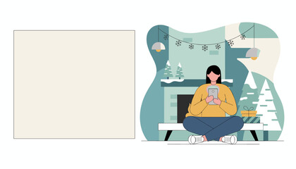 Woman using smartphone in a cozy winter room with holiday decor and copy space
