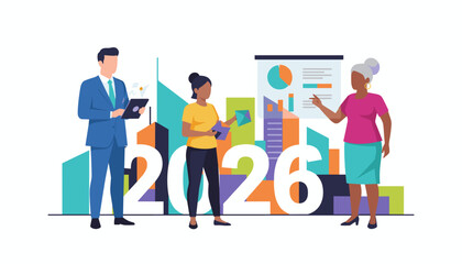 Diverse team plans 2026 business goals analyzing market data and future trends