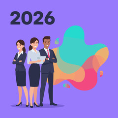 Diverse professional team standing confidently against a 2026 corporate background