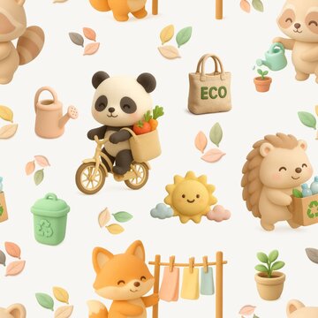 Adorable eco friendly animal pattern, cute pastel clay 3D illustration, cozy sustainable lifestyle design
