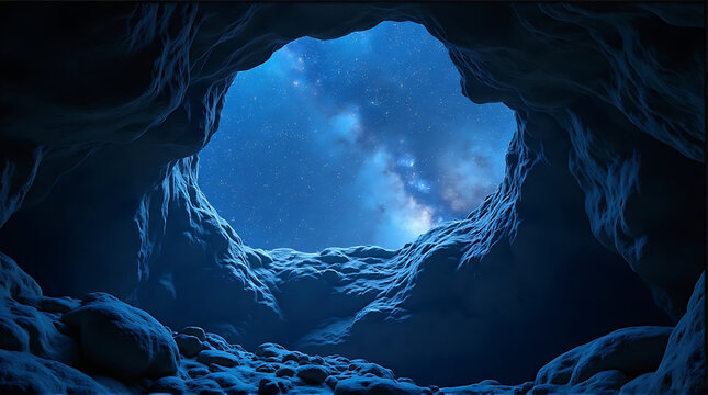 View from inside a dark cave looking out at a bright, starry night sky with visible Milky Way galaxy.