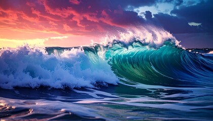 Vibrant ocean wave crashing under dramatic sunset sky