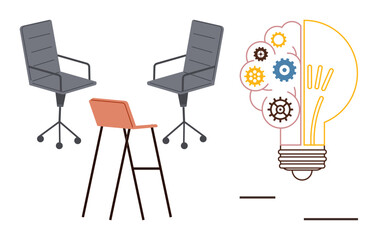 Fototapeta premium Office chairs, stool, and a light bulb with gears emphasize innovation, teamwork, and creativity. Ideal for brainstorming, collaboration, productivity, professional growth teamwork innovation