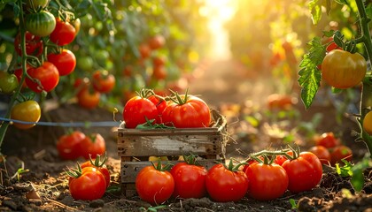 Ripe red tomatoes in wooden crate, garden setting