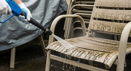 Hands in gloves using a powerful pressure washer to clean a dirty beige patio chair, removing accumulated grime and refreshing outdoor furniture.
