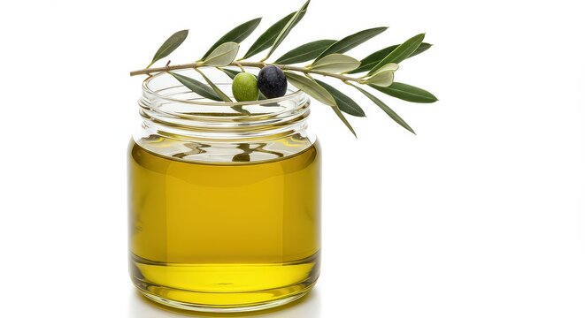 Olive oil jar with olives and leaves on white background