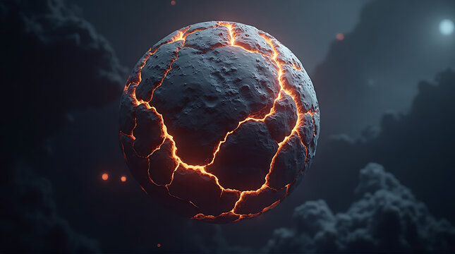 A spherical planet-like object with glowing orange cracks across its surface, set against a dark, cloudy, and atmospheric backdrop. - Powered by Adobe