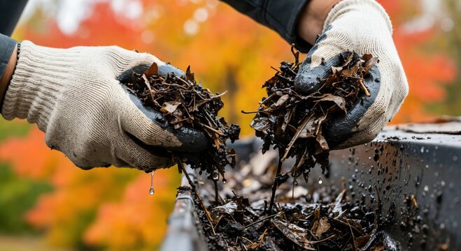 Person in work gloves cleaning a clogged rain gutter filled with wet autumn leaves and debris, showing drops of water