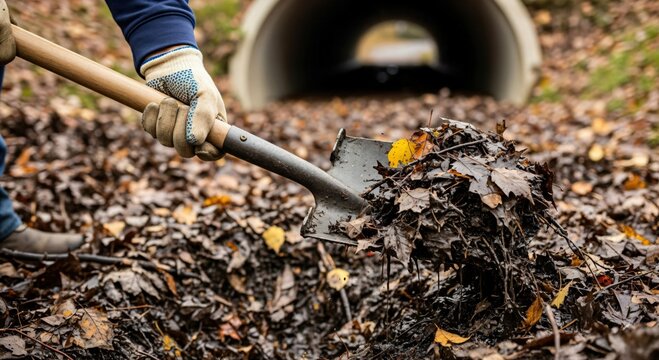 Person in work gloves shoveling wet autumn leaves and mud from a drainage ditch near a concrete culvert, performing outdoor cleanup and maintenance.