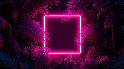 A glowing neon square with lush tropical jungle background. The scene is filled with large exotic leaves of magenta, violet - artistic, and otherworldly, with sense of surrealism and digital aesthetic