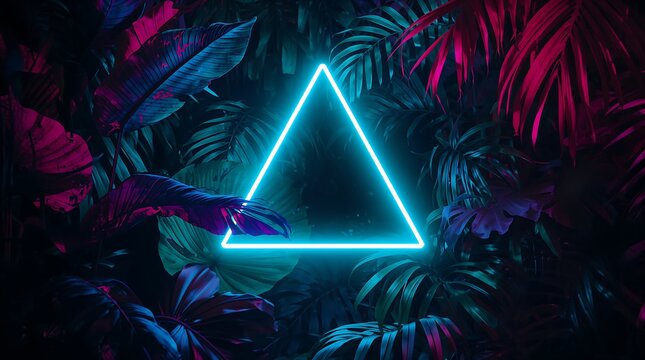 A glowing neon triangle with lush tropical jungle background. The scene is filled with large exotic leaves of magenta, teal, and violet, with sense of surrealism and digital aesthetic.
