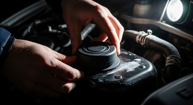 Close-up of a mechanic's hands performing maintenance or repair on a car engine, illuminated by a bright flashlight in a dark garage environment.