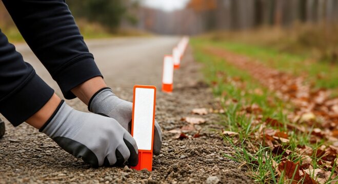 Person in protective gloves carefully placing an orange reflective marker along the edge of a dirt road, with a line of similar markers extending into the autumn forest background.
