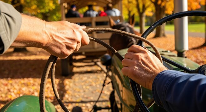Close-up of two sets of hands on steering wheels and reins, driving a tractor and a horse-drawn wagon through an autumn landscape with colorful fall foliage.