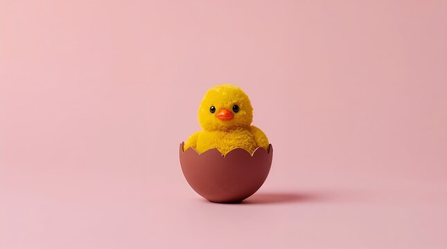 A cute chick toy sitting inside a chocolate egg shell on a soft pink background. Minimalistic and playful, evoking Easter or springtime themes. Creating a warm, cheerful, and whimsical mood.