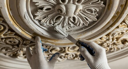 Skilled craftsman in protective gloves meticulously restoring an ornate vintage ceiling medallion with intricate plasterwork and gold accents, highlighting historical preservation and renovation work.
