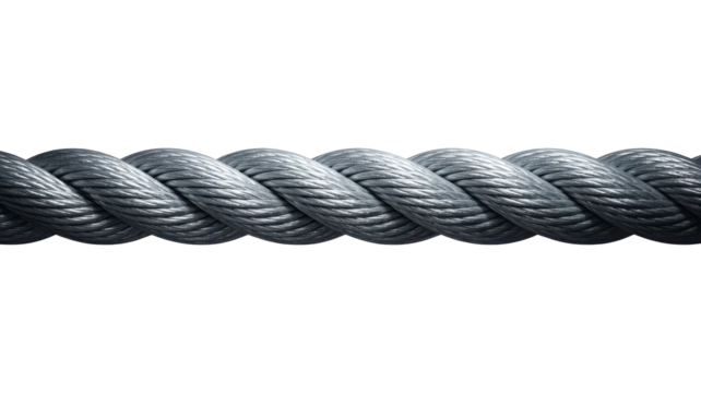 Thick grey twisted rope close up or metal cable for industrial use. Isolated on transparent background