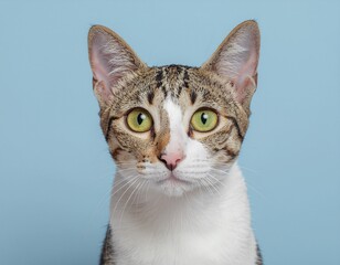 Cute Domestic Shorthair Tabby Cat Head Shot on Blue