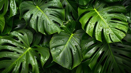 Fototapeta premium Lush green monstera deliciosa leaves with water droplets in a dark setting