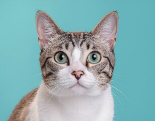 Vibrant Contrast Green Eyed Cat on a Bright Blue Backdrop