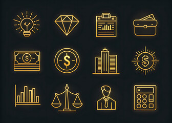 Golden financial icons representing business and investment concepts