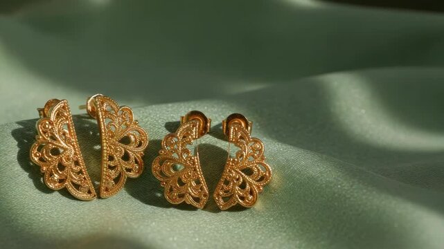 Golden earrings on green background with soft lighting