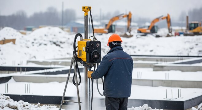 Male construction worker in an orange hard hat operating a drilling machine for soil investigation on a snowy winter building site with concrete foundations and heavy equipment.