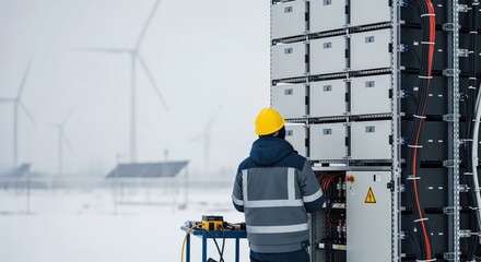 Male engineer in a hard hat and reflective jacket inspecting an electrical power storage system at a renewable energy facility with wind turbines and solar panels in a snowy winter environment.