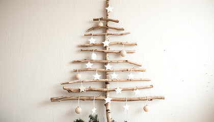 Rustic driftwood christmas tree decoration with lights and ornaments