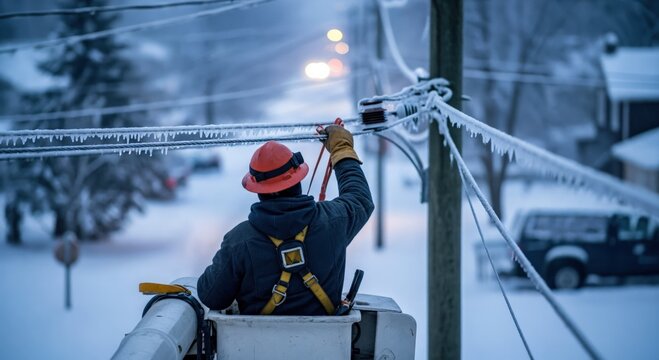 Utility worker in a bucket truck repairing ice-covered power lines during a severe winter storm, restoring electricity to a snowy neighborhood