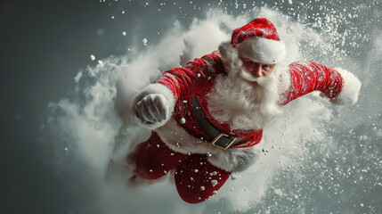 Santa Claus is Flying Through Snowy Clouds for Christmas Cheer
