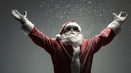 Cheerful Man in Santa Costume Celebrating in Winter Snow