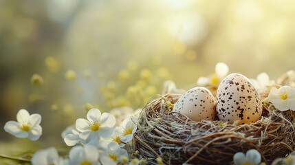 Nest With Speckled Eggs and Blooming Flowers in Springtime