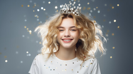 Joyful Girl With Crown Surrounded by Sparkling Confetti