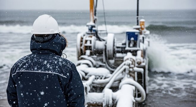 Worker in hard hat and winter jacket observing industrial equipment in snowy, cold ocean environment during harsh weather conditions