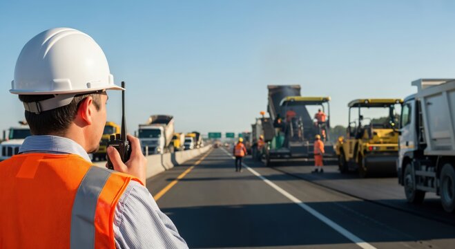 Male construction worker in hard hat and safety vest communicating with walkie-talkie at a highway road construction site with heavy machinery
