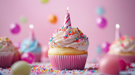 Colorful Cupcakes With Candles and Sprinkles at a Festive Party