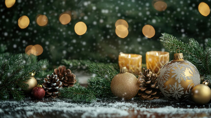 Festive Holiday Decorations With Candles and Ornaments in Winter