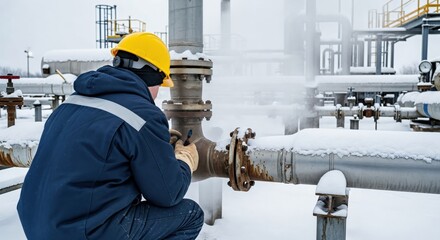 Industrial worker in a yellow hard hat and blue uniform inspecting a snowy pipeline at a gas processing facility in winter