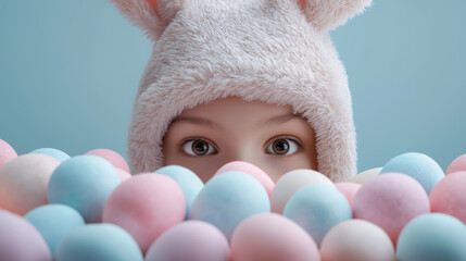 Child Wearing Bunny Hat Surrounded by Colorful Balls
