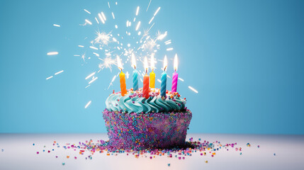 Colorful Birthday Cake With Sparklers and Candles Lit